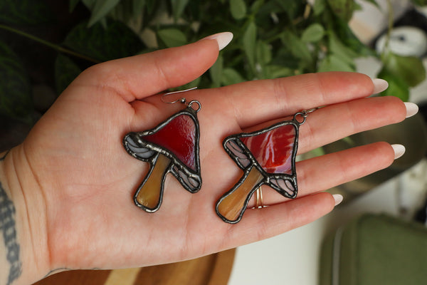 Stained glass earrings - red mushroom