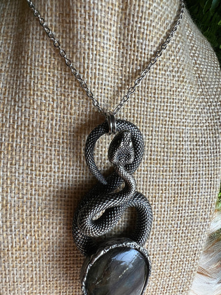 White brass snake necklace with labradorite