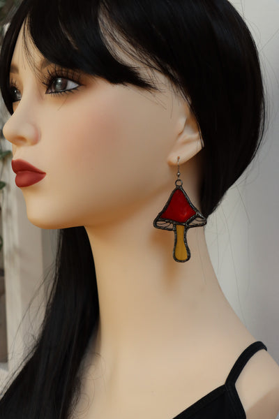 Stained glass earrings - red mushroom