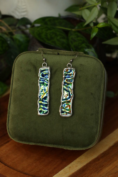 Stained glass earrings - blue green duochrome (no patina)