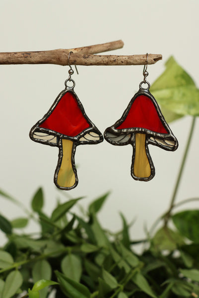 Stained glass earrings - red mushroom