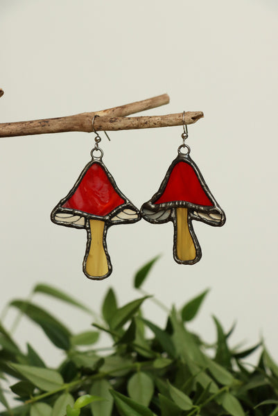 Stained glass earrings - red mushroom