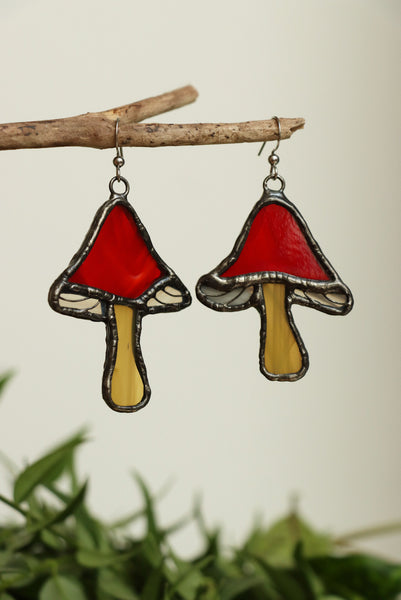 Stained glass earrings - red mushroom