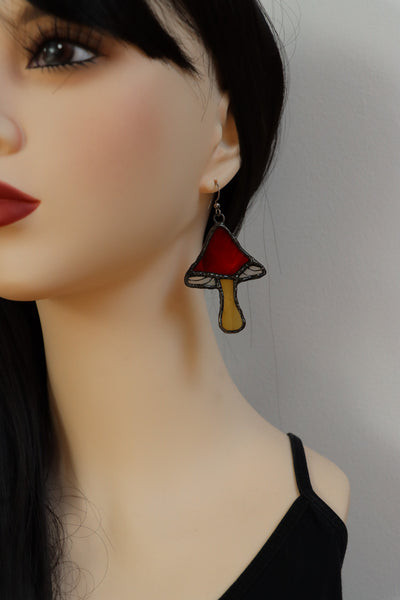 Stained glass earrings - red mushroom