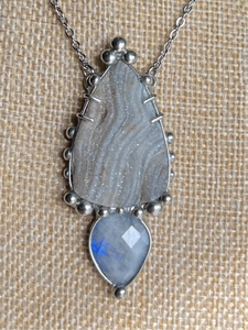 "Elvia" necklace with chalcedony druzy and rainbow moonstone