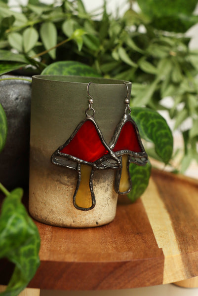 Stained glass earrings - red mushroom