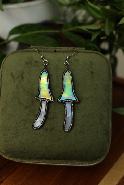 Stained glass earrings - green mushroom