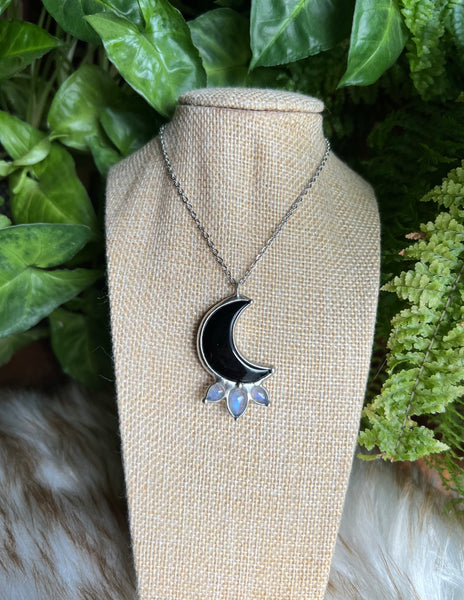 "Ziera" black obsidian moon and rainbow moonstone necklace