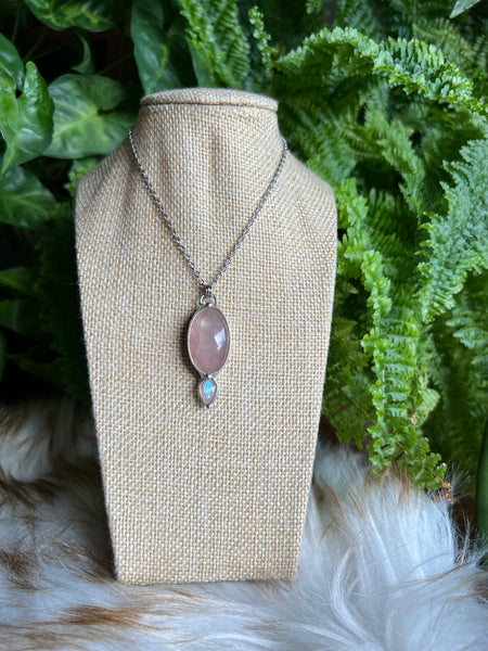 "Elyssia" two-sided rose quartz and rainbow moonstone necklace