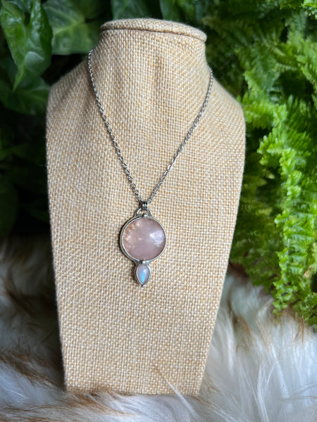 "Alyssia" two-sided rose quartz and rainbow moonstone necklace