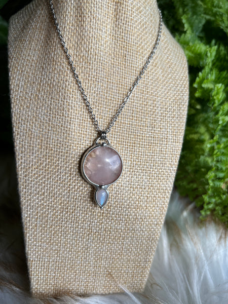 "Alyssia" two-sided rose quartz and rainbow moonstone necklace