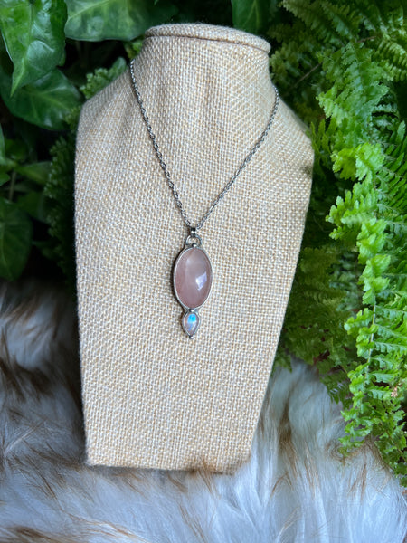 "Elyssia" two-sided rose quartz and rainbow moonstone necklace