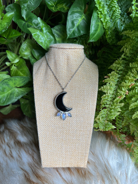 "Ziera" black obsidian moon and rainbow moonstone necklace