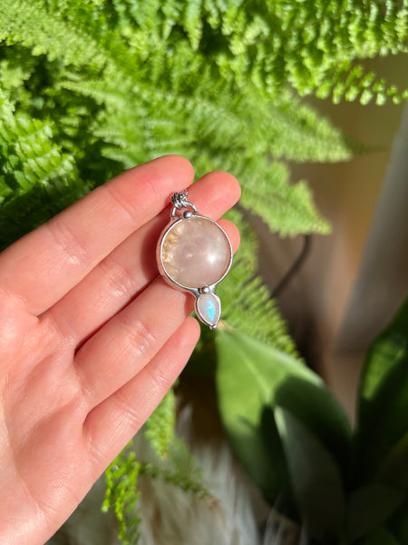 "Alyssia" two-sided rose quartz and rainbow moonstone necklace