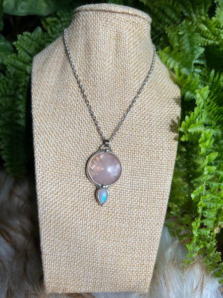 "Alyssia" two-sided rose quartz and rainbow moonstone necklace