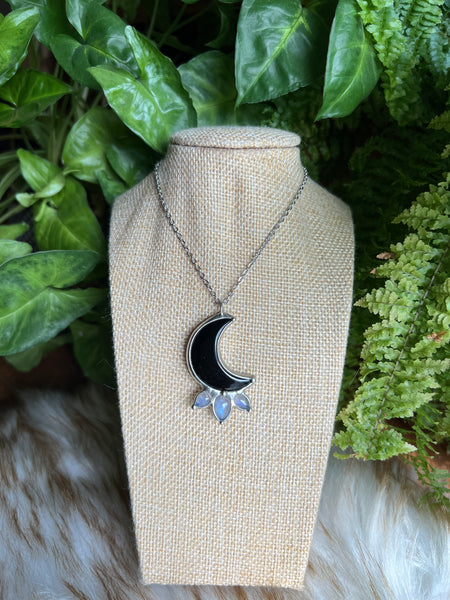"Ziera" black obsidian moon and rainbow moonstone necklace