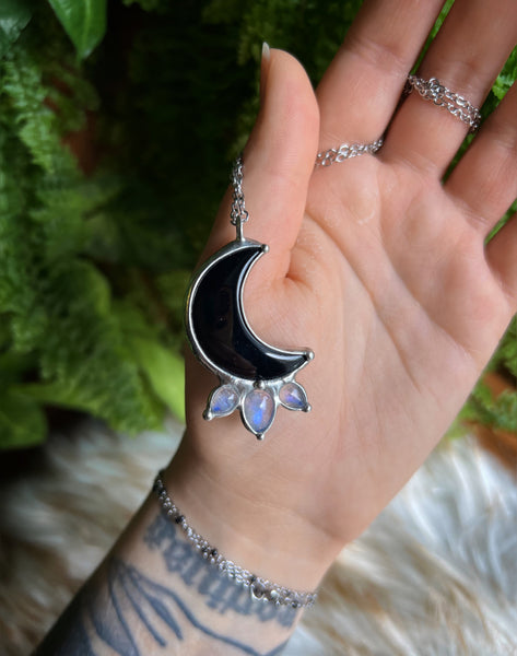 "Ziera" black obsidian moon and rainbow moonstone necklace