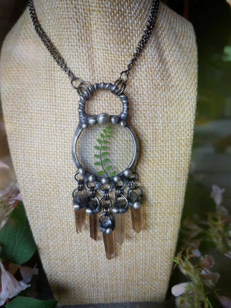 Spleenwort fern and smoky quartz necklace