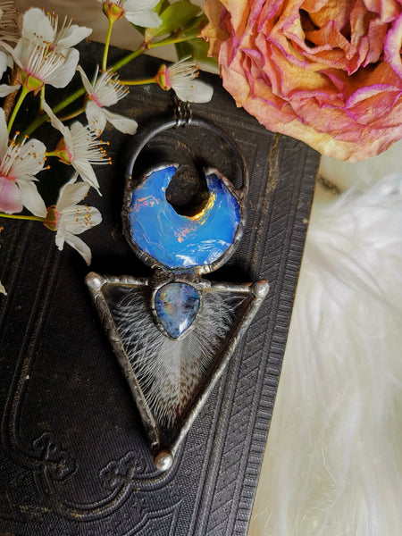 Opalite moon and glass triangle pendant