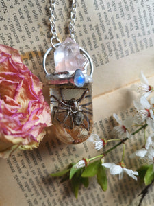 Clear quartz and real dried spider pendant