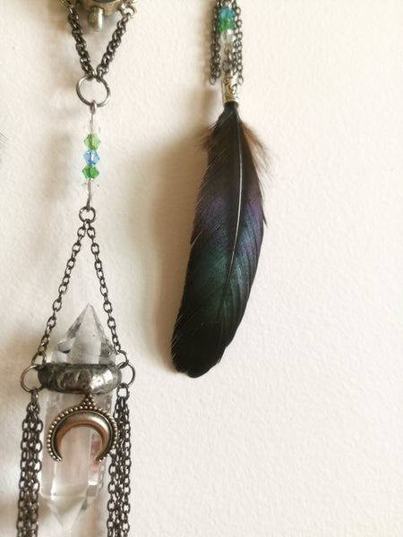 Fern crystal wall hanging (labradorite, rutilated quartz, swarovski beads, rooster feathers)