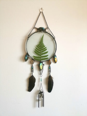 Fern crystal wall hanging (labradorite, rutilated quartz, swarovski beads, rooster feathers)