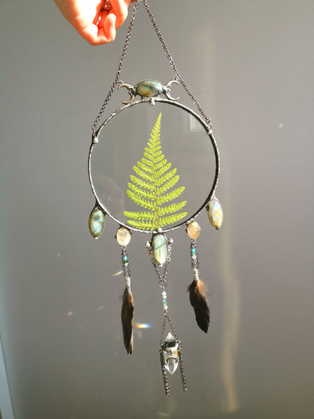 Fern crystal wall hanging (labradorite, rutilated quartz, swarovski beads, rooster feathers)