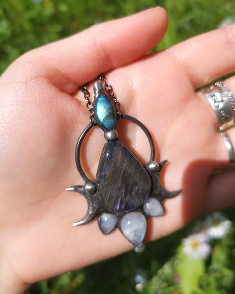 Purple labradorite, moonstone and blue labradorite pendant