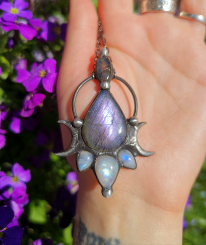 Purple labradorite, moonstone and blue labradorite pendant