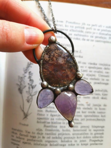 Red moss agate and amethyst pendant