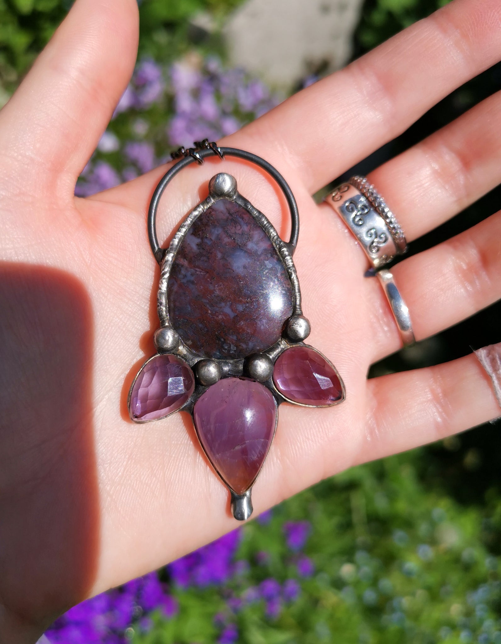 Red moss agate and amethyst pendant