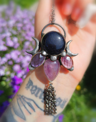 Blue goldstone and amethyst fringe pendant