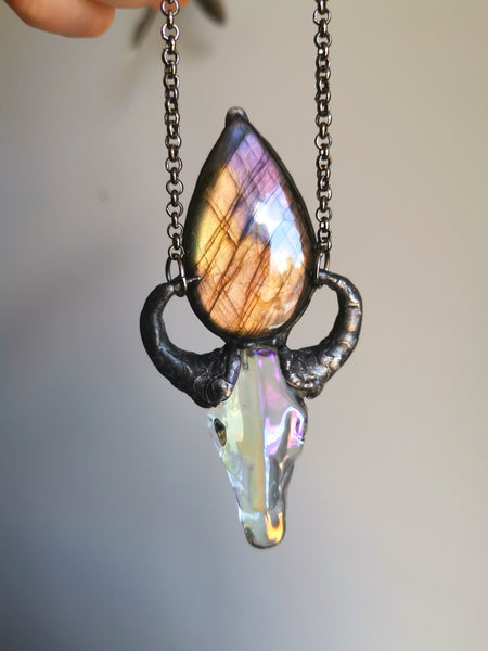 Golden purple labradorite with iridescent glass ox skull pendant