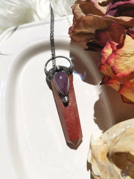 Red jasper and amethyst pendant