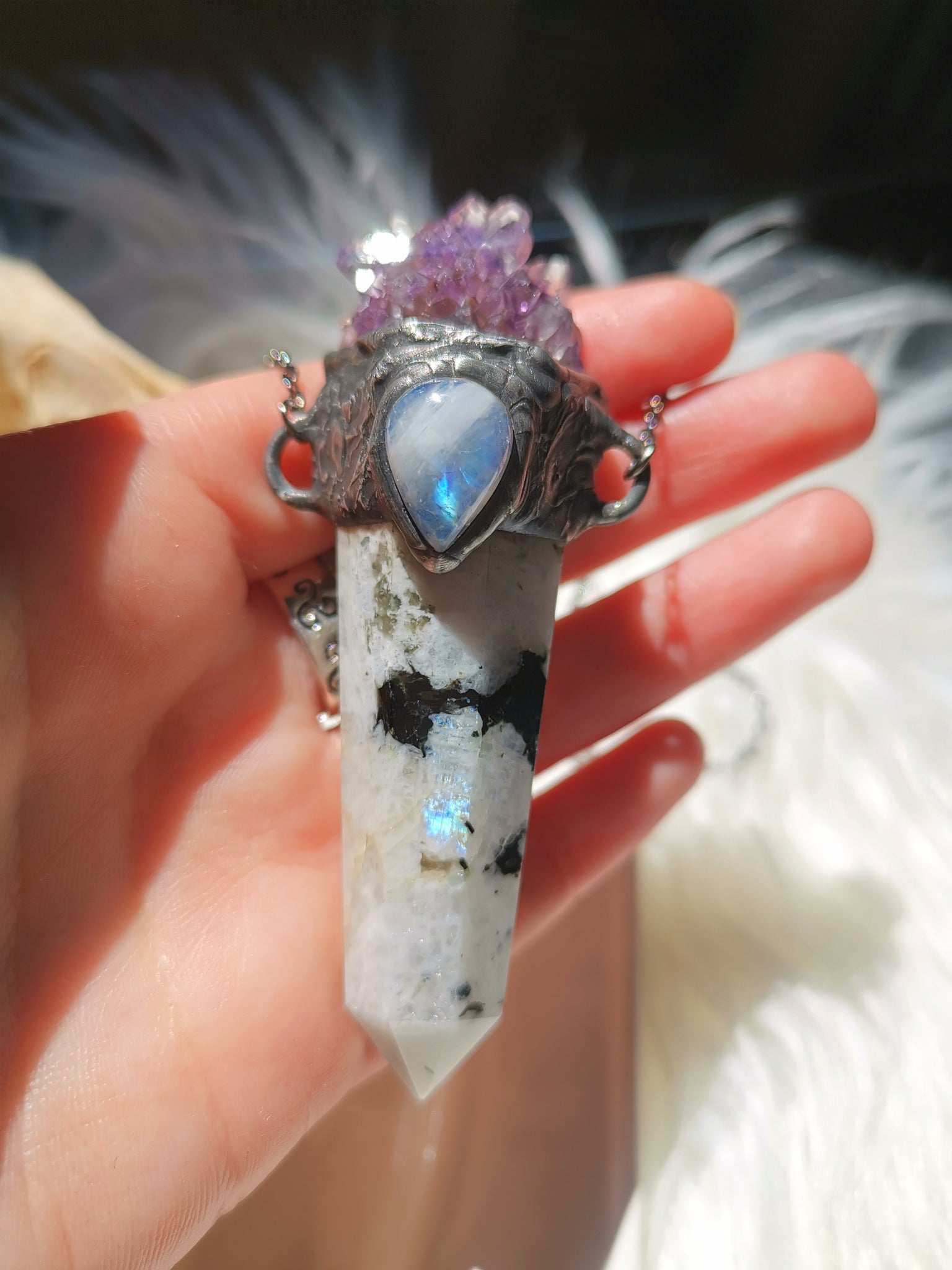 Moonstone wand with amethyst