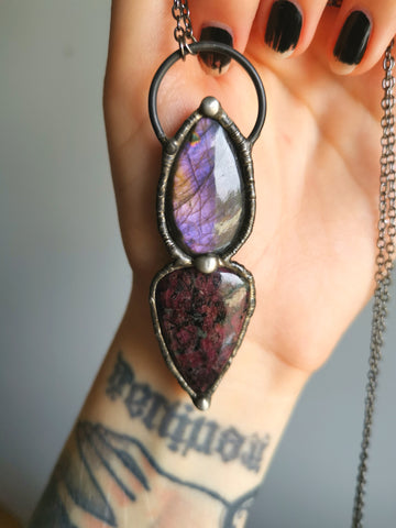 Red eudialyte and purple labradorite pendant