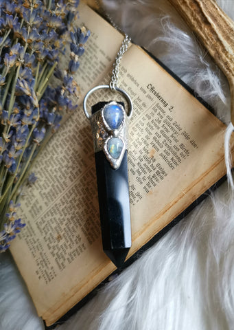 Obsidian wand with rainbow moonstone #2