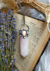 Rose quartz wand with rainbow moonstones