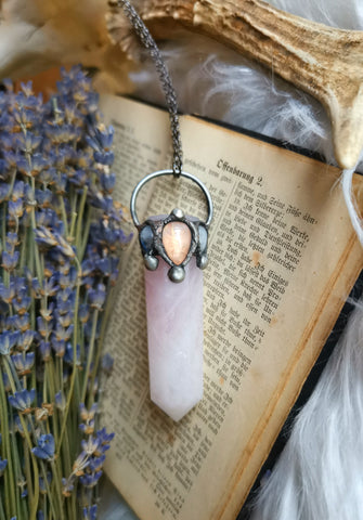 Rose quartz wand with rainbow moonstones