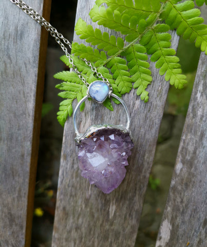 Amethyst spirit quartz with rainbow moonstone