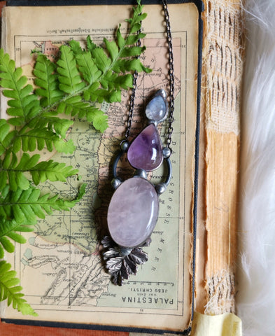 Rose quartz, amethyst and rainbow moonstone pendant