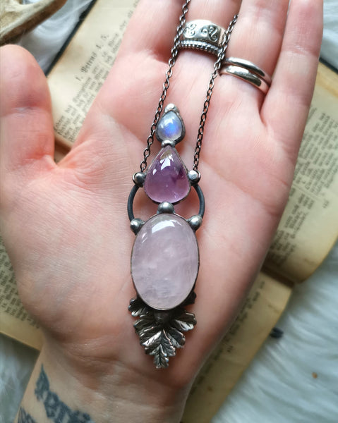 Rose quartz, amethyst and rainbow moonstone pendant