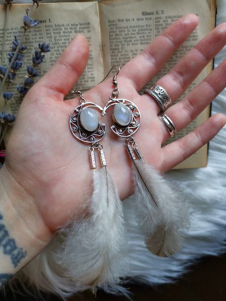Moonstone feather earrings