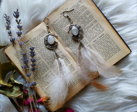 Moonstone feather earrings