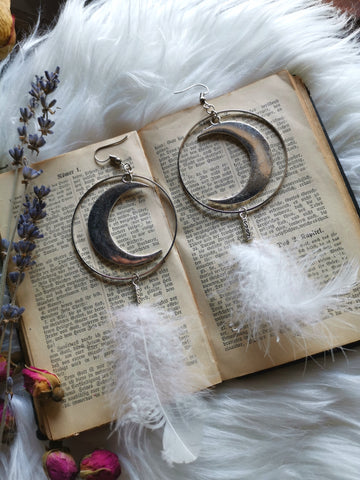 Crescent moon white feather earrings