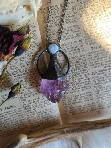 Amethyst point and rainbow moonstone necklace #2