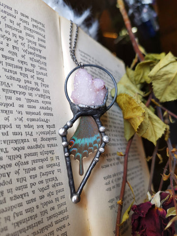 Two sided amethyst spirit quartz and papilio maackii butterfly pendant