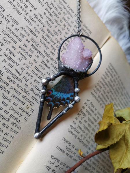 Two sided amethyst spirit quartz and papilio maackii butterfly pendant