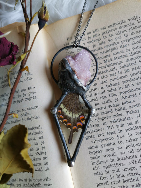 Two sided amethyst spirit quartz and papilio maackii butterfly pendant