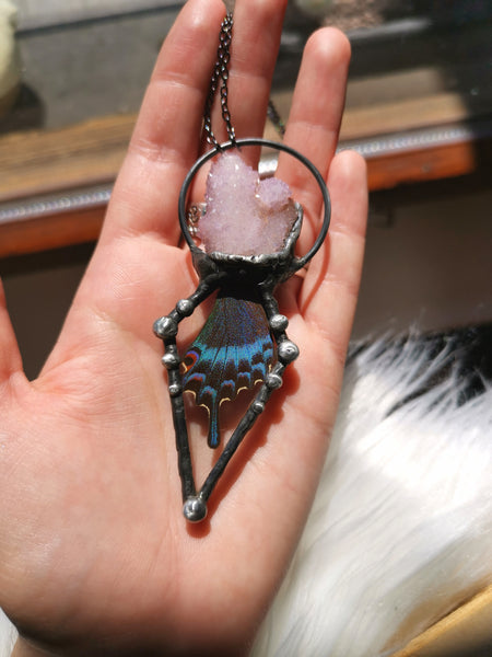 Two sided amethyst spirit quartz and papilio maackii butterfly pendant